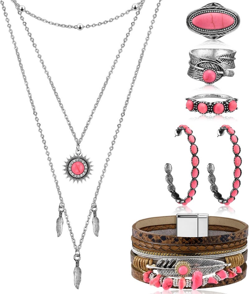 Ecally Store Bohemian Western Jewelry Turquoise Set Women Country Pendant Long Choker Layered Bracelets Earrings Ring for Women - Image 1